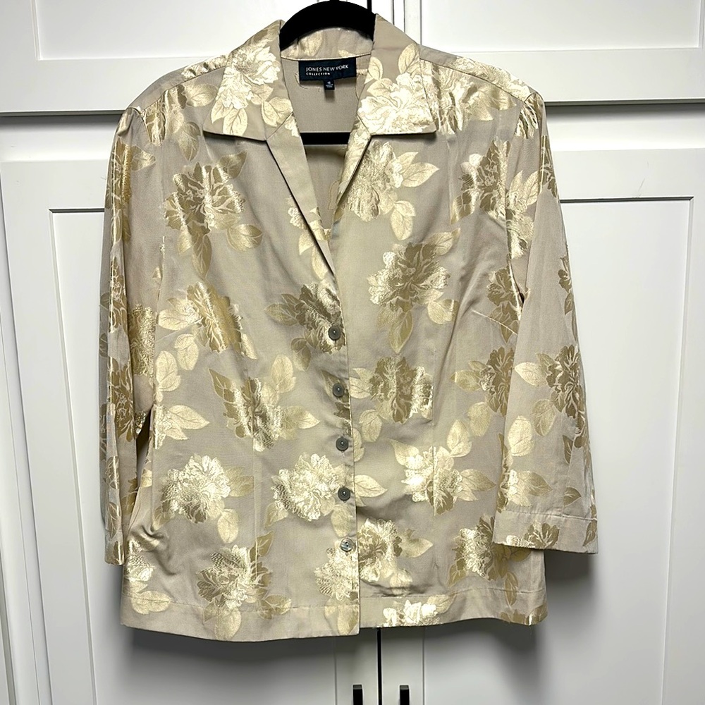 Jones New York Cream Gold Button Down Blouse 3/4 Sleeve